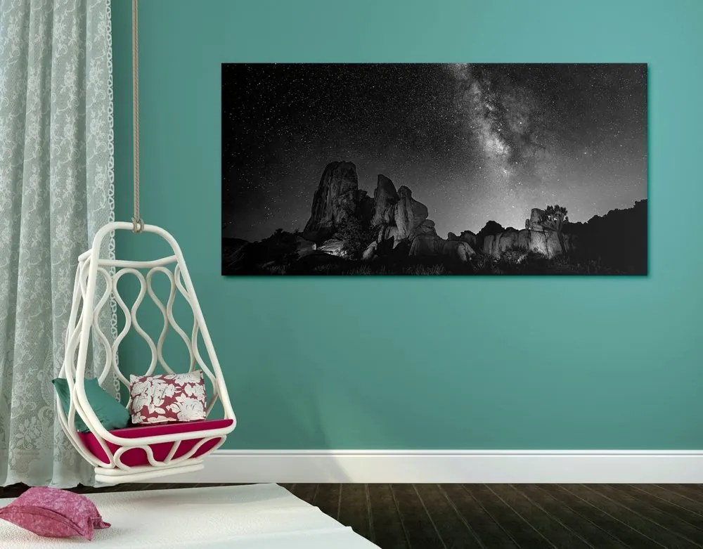 Stampa su tela – Cielo stellato sopra le rocce in bianco e nero