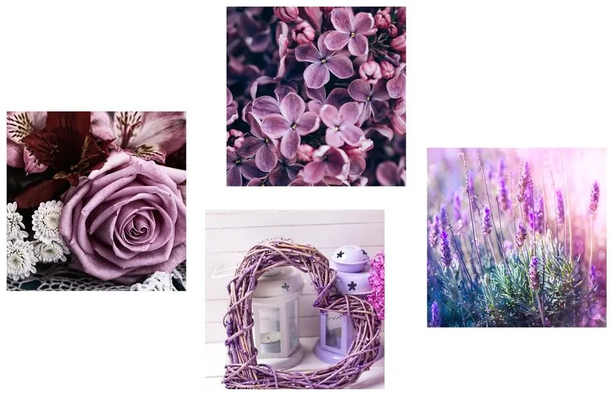 Set di quadri – Splendidi fiori viola con cuoricino