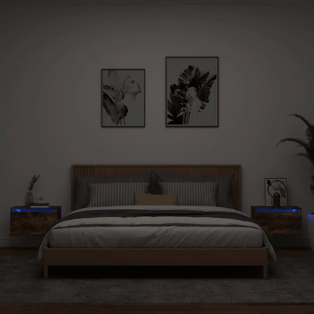 Comodini A Parete Con Luci Led 2 Pz Rovere Fumo /