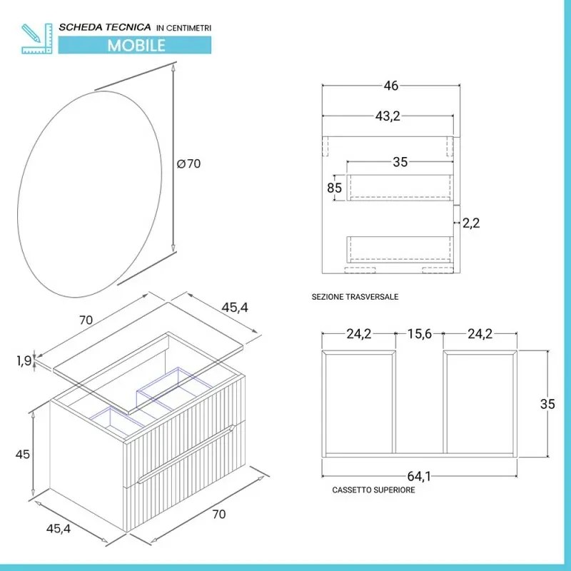 Mobile bagno sospeso cannettato 70 cm rovere chiaro con top e specchio Bali
