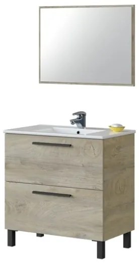 Mobile Bagno Completo Di Lavabo In Ceramica E Specchio Athena 80 Cm 2 Cassetti Rovere Alaska