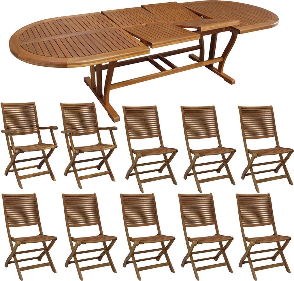 GENIUS - set tavolo in acacia massiccio cm 200/250/300 x 110 x 74 h con 8 sedie e 2 poltrone Mulier