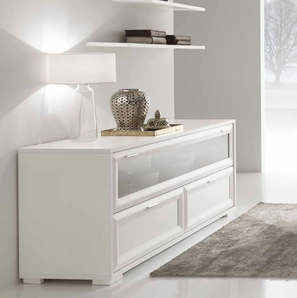 Madia classica Bianco Frassinato con ribalta in vetro e 2 cassetti