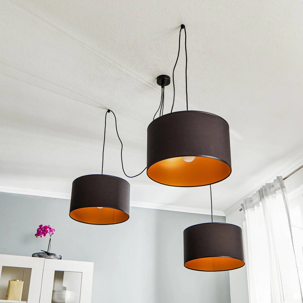 EMIBIG LIGHTING Lampada a sospensione Roto 3 in nero, paralumi interni dorati