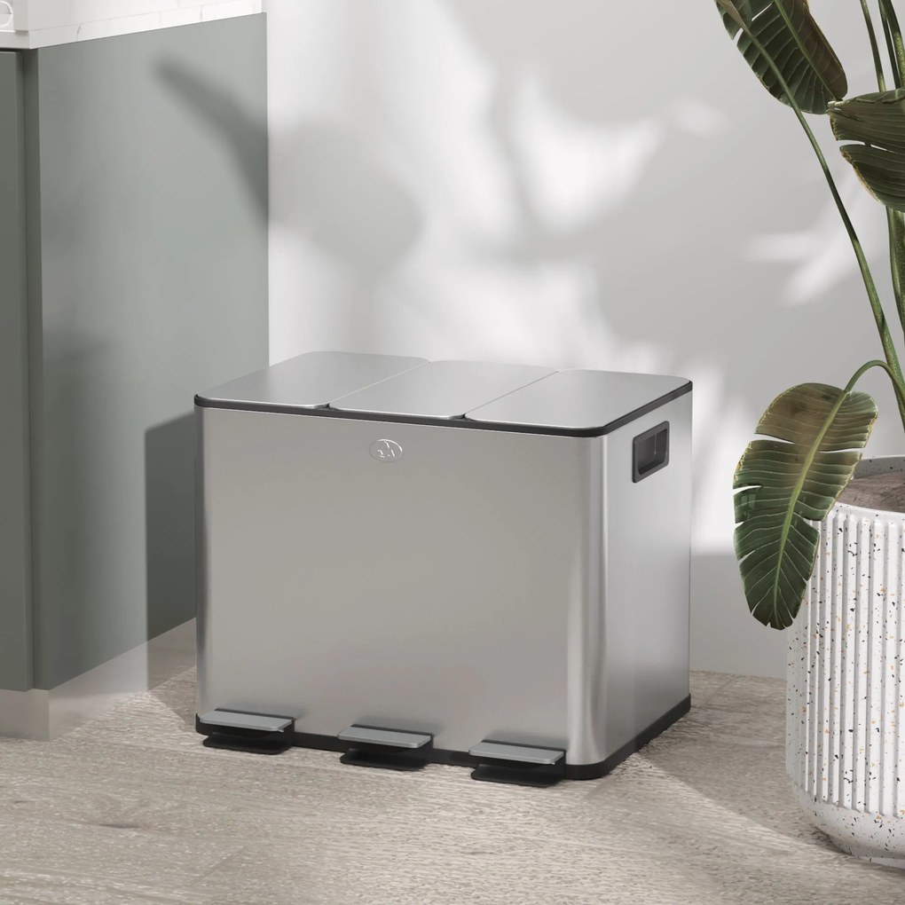 Pattumiera a Pedale 3 Sezioni da 20L 61,9x36,6x56,7 cm in Acciaio Inox e PP...