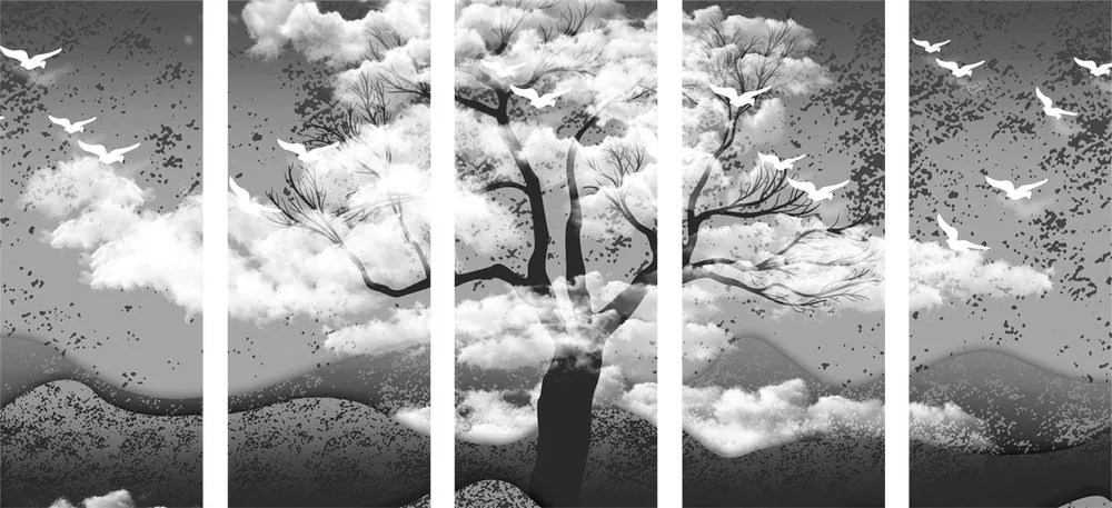 Quadri 5 pezzi – Albero inondato di nuvole in bianco e nero