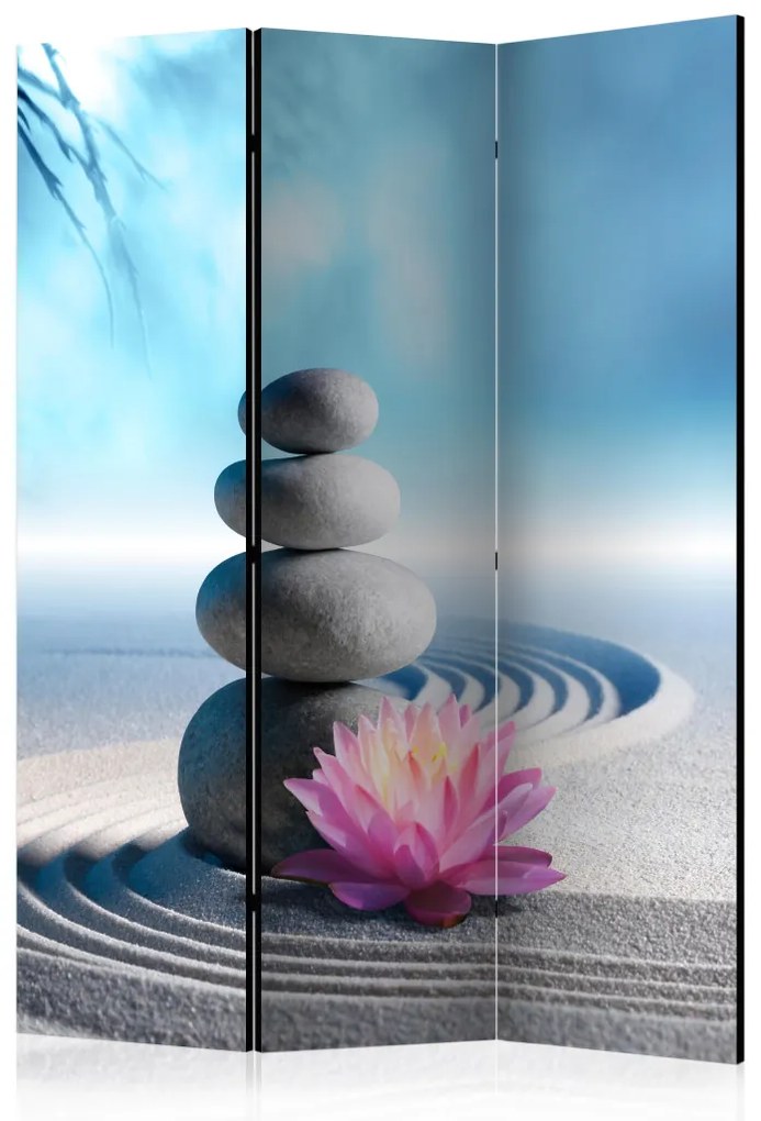 Paravento separè Giardino Zen - pietre e pianta in stile Zen su sabbia e sfondo blu