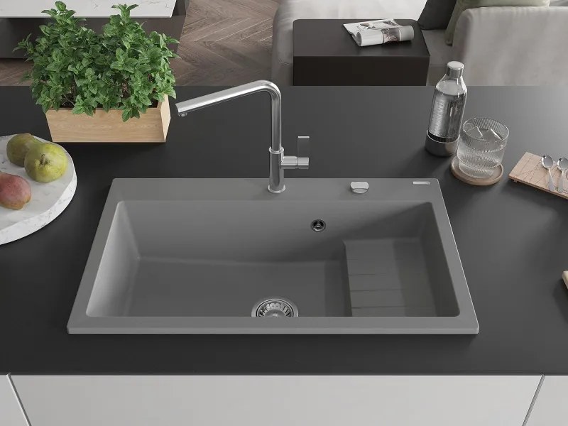 Mexen Omar lavello in granito 1-vasca 800 x 480 mm, grigio, sifone cromato - 6520801005-71