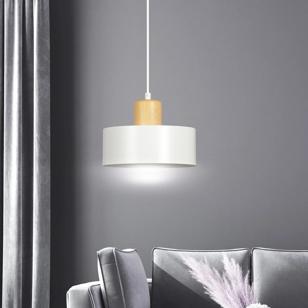 Sospensione Nordica 1 Luce Surya In Acciaio Bianco E Legno
