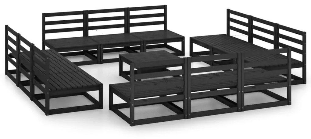 Set divani da giardino 13 pz nero in legno massello di pino