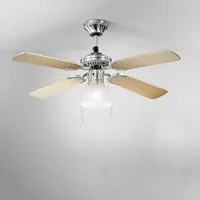 Ventilatore Metallo Cromo Spazzolato 1 Luce E27 4 Pale Legno Bianco Noce Gemini