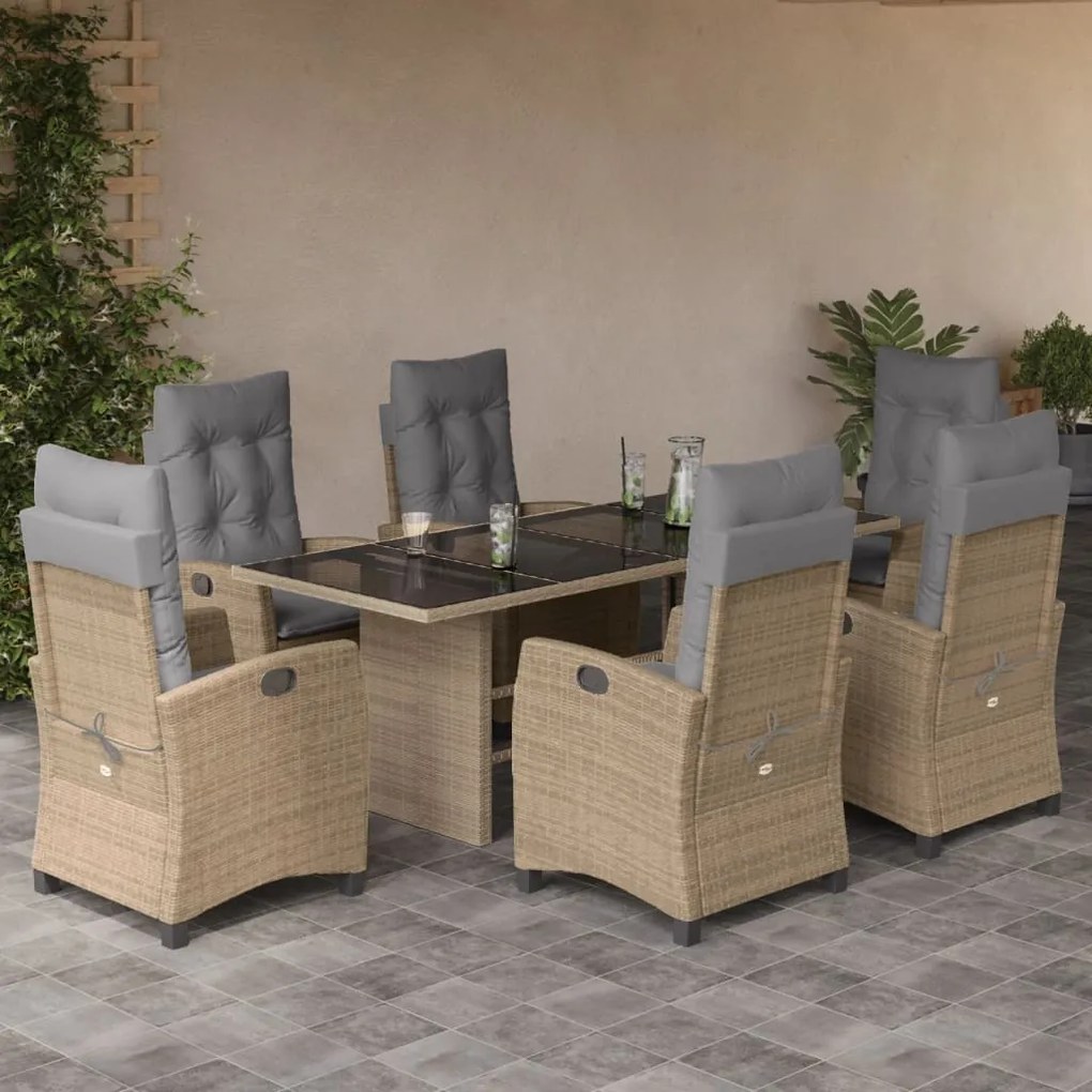 Set pranzo da giardino 7 pz con cuscini beige misto polyrattan