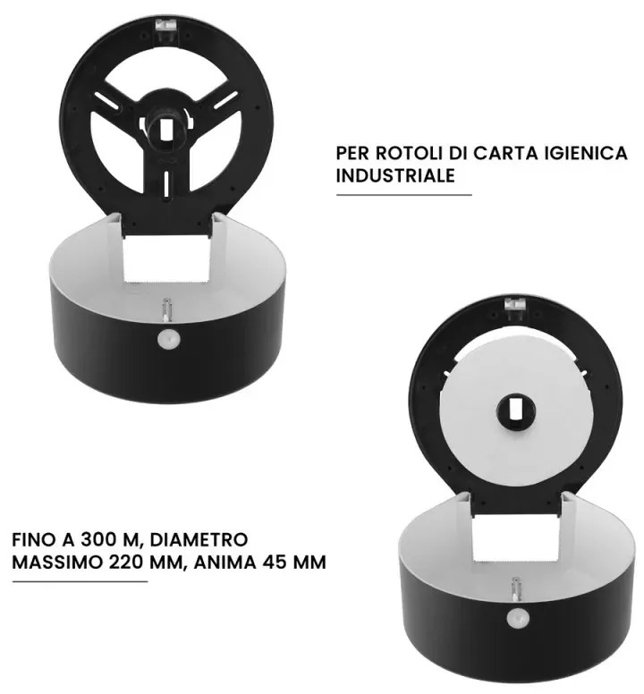 Distributore di carta igienica a rotoli fino a 300 mt in ABS nero