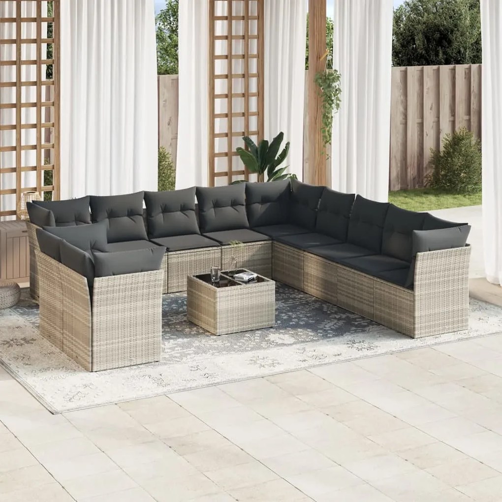 Set divano giardino 12 pz con cuscini grigio chiaro polyrattan