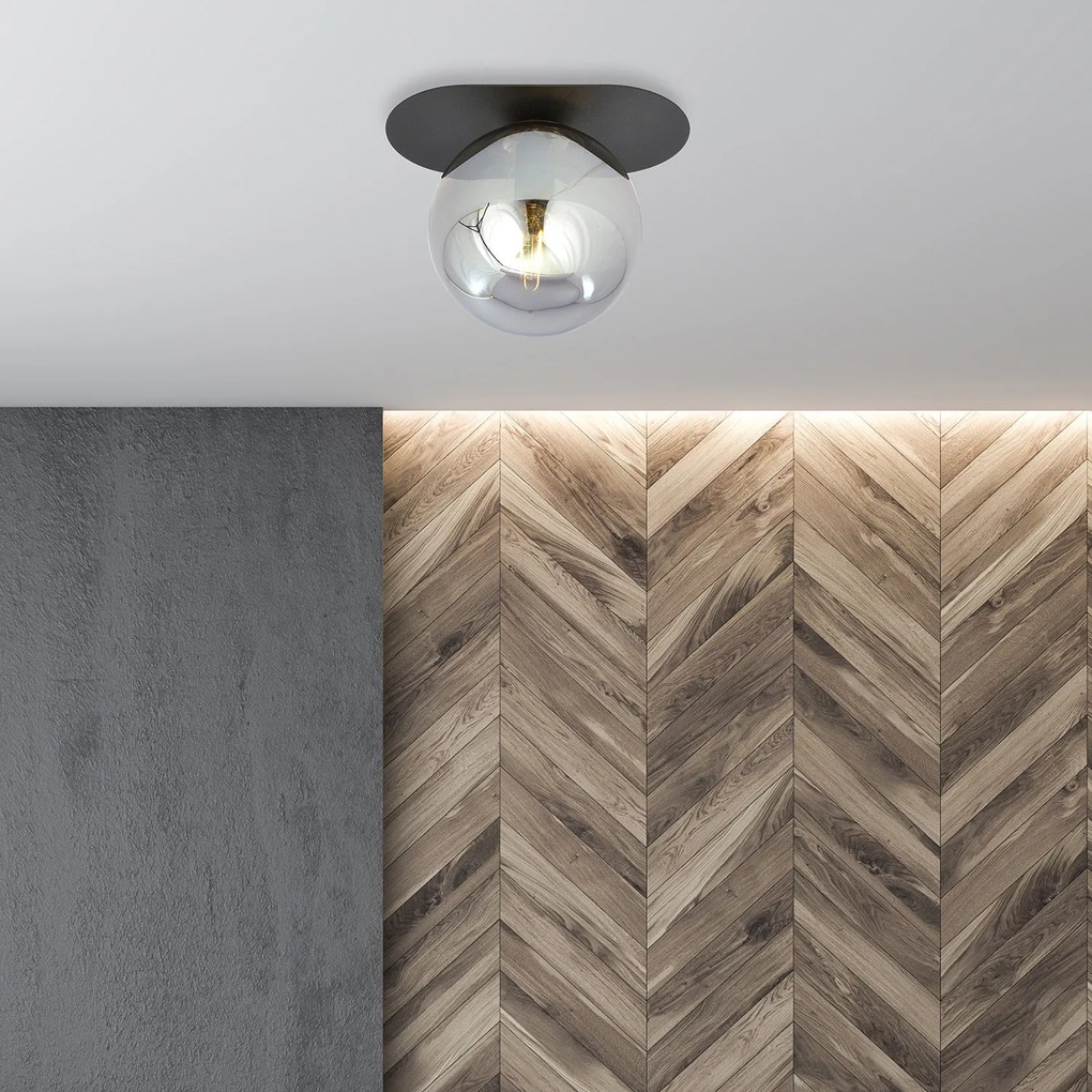 Plafoniera Minimal 1 Luce Teia In Acciaio Nero E Sfera Vetro Fumè
