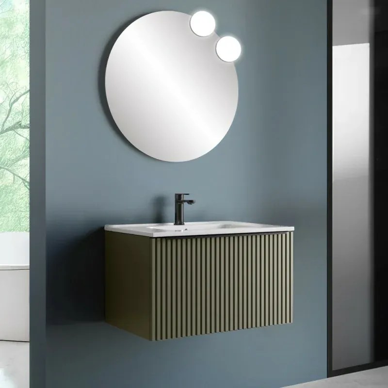 Mobile bagno sospeso 80 cm verde opaco cannettato con cassetto, specchio e lavabo Nara