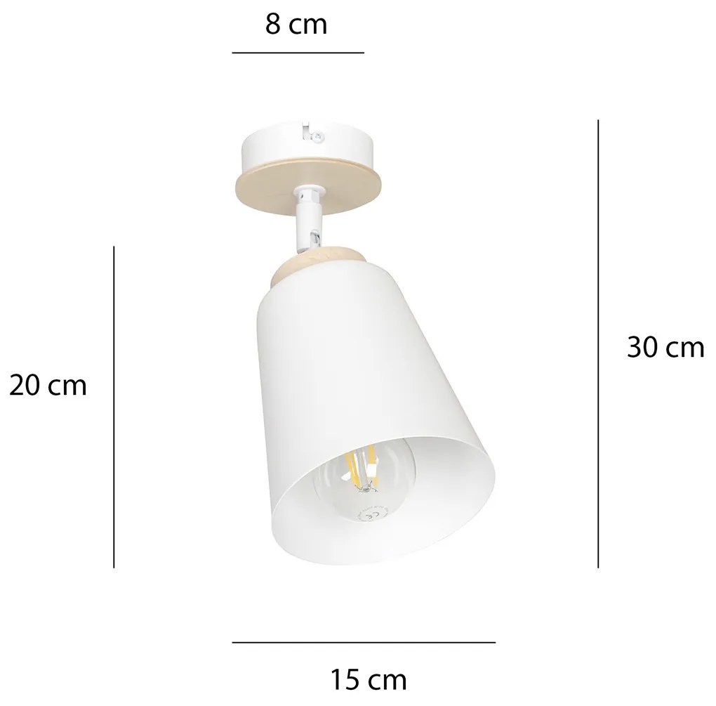 Plafoniera A Faretto Spot 1 Luce In Acciaio Bianco E Legno Naturale