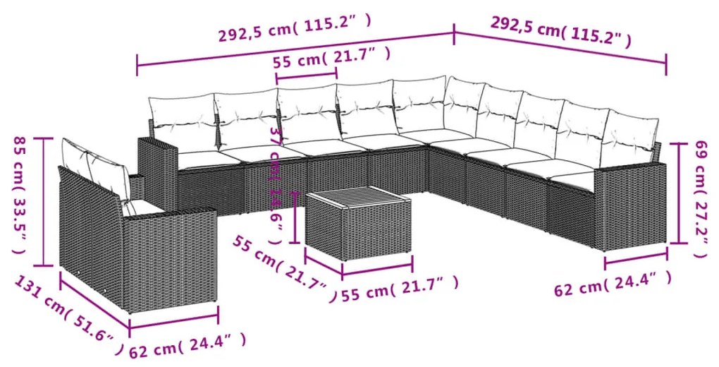 Set divani da giardino 12 pz con cuscini grigio in polyrattan