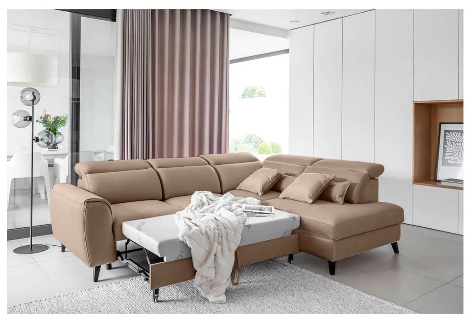 Divano angolare marrone chiaro allungabile/con contenitore (con penisola a destra/a L) e rivestimento in velluto Noble – ELTAP