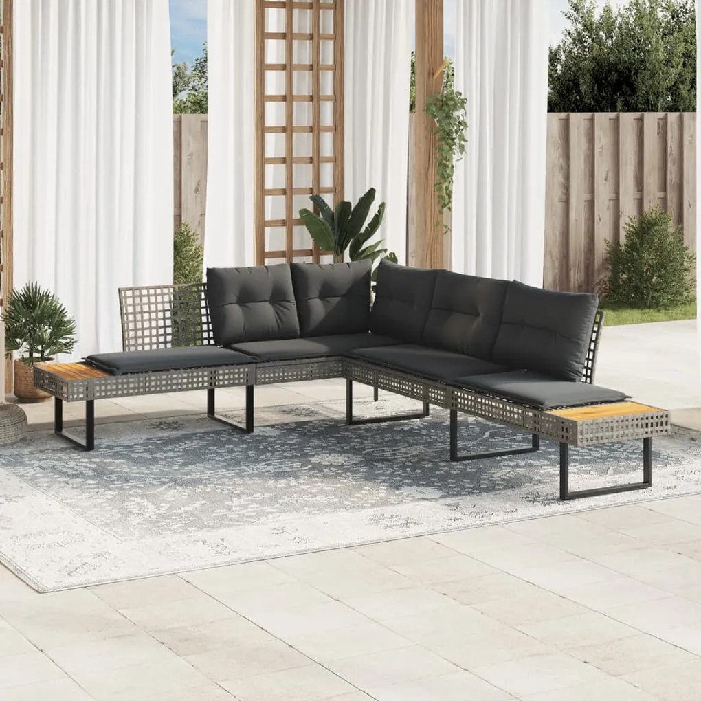 Divano da giardino con cuscini a l grigio polyrattan e acacia