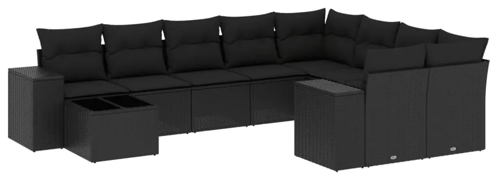 Set divani da giardino 10pz con cuscini in polyrattan nero