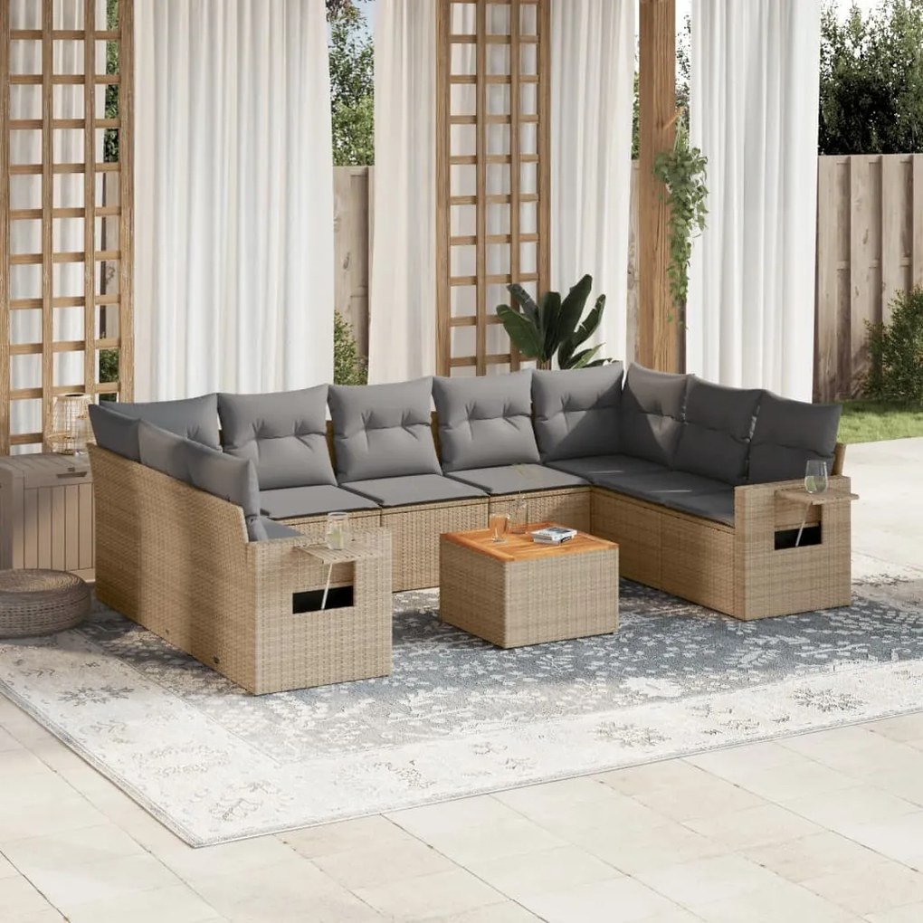 Set Divano da Giardino 10 pz con Cuscini Beige Misto Polyrattan