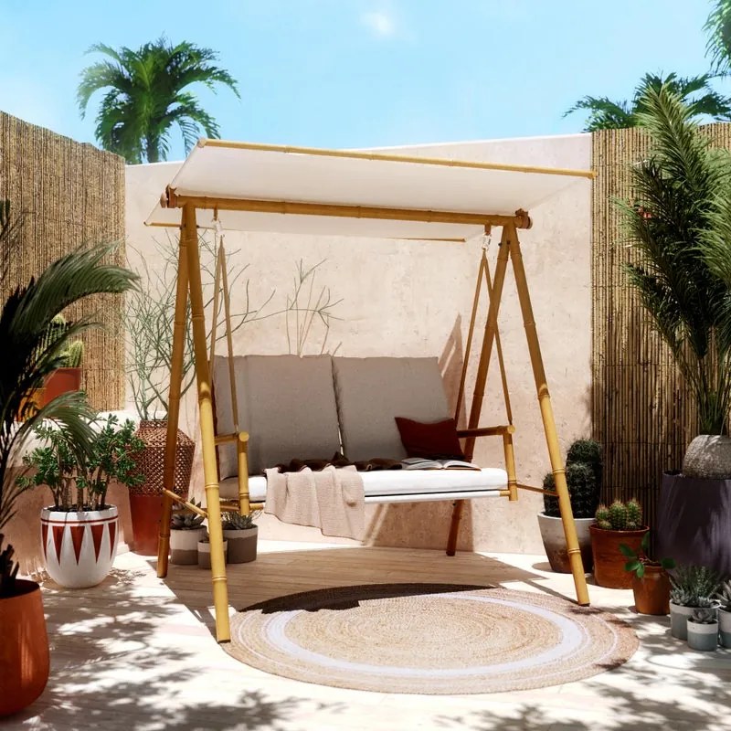 Dondolo Bamboo NATERIAL struttura in acciaio naturale, cuscini in poliestere beige