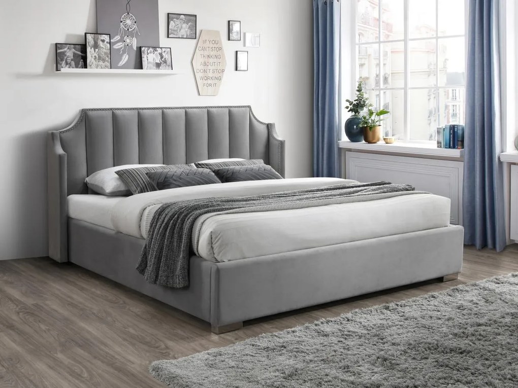 Letto con contenitore 160 x 200 cm con testata letto curva Velluto Grigio  - TEOMIS