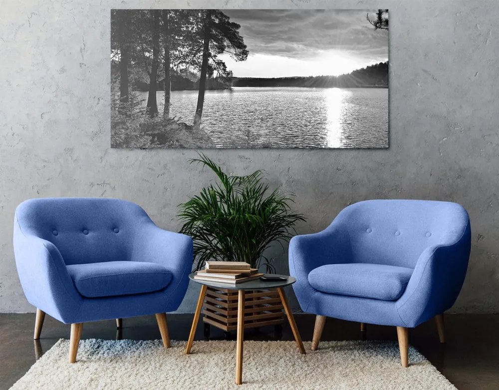 Quadro su tela – Tramonto sul lago in bianco e nero