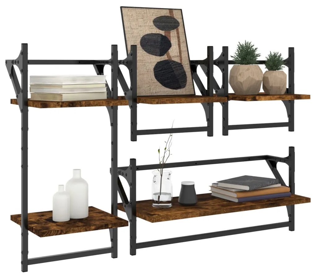Set mensole parete con aste 4pz rovere fumo legno multistrato