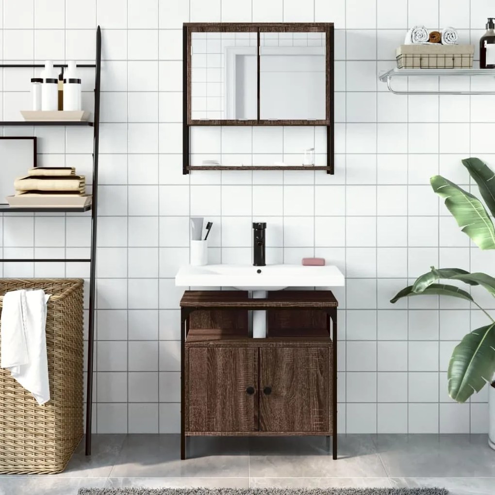 Set mobili da bagno 2 pz rovere marrone in legno multistrato