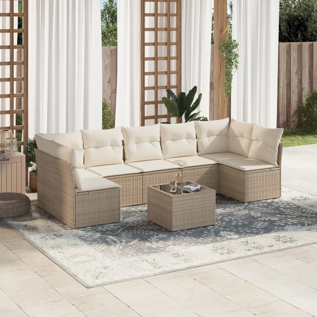 Set Divano da Giardino 8 pz con Cuscini Beige in Polyrattan