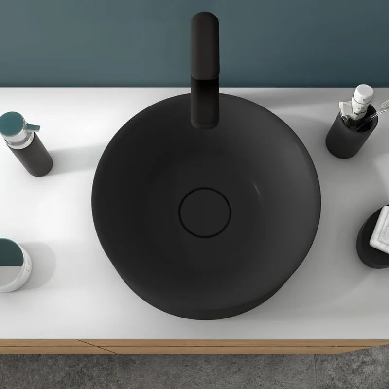 Lavabo da appoggio Capsule SENSEA tondo in composito minerale di resina gelificata nero opaco piletta non inclusa
