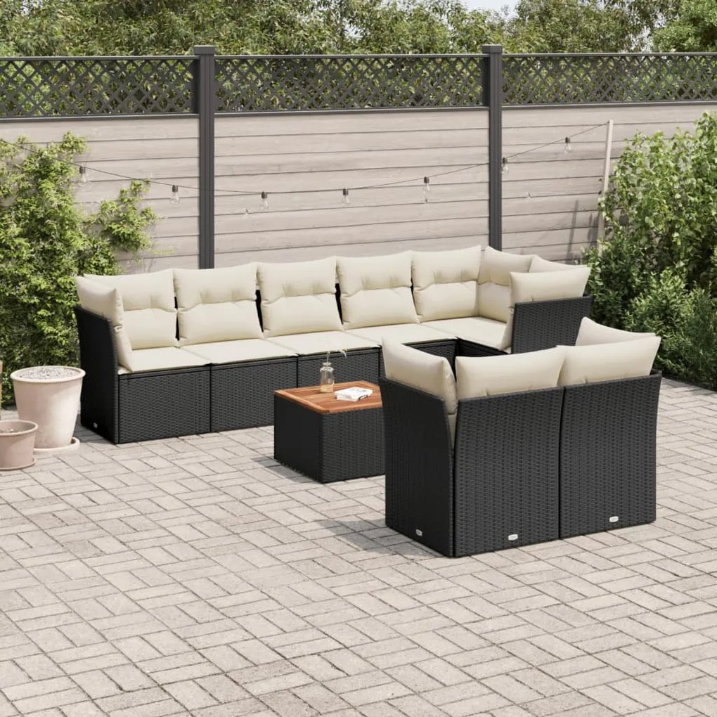 Set divani da giardino 9 pz con cuscini nero in polyrattan