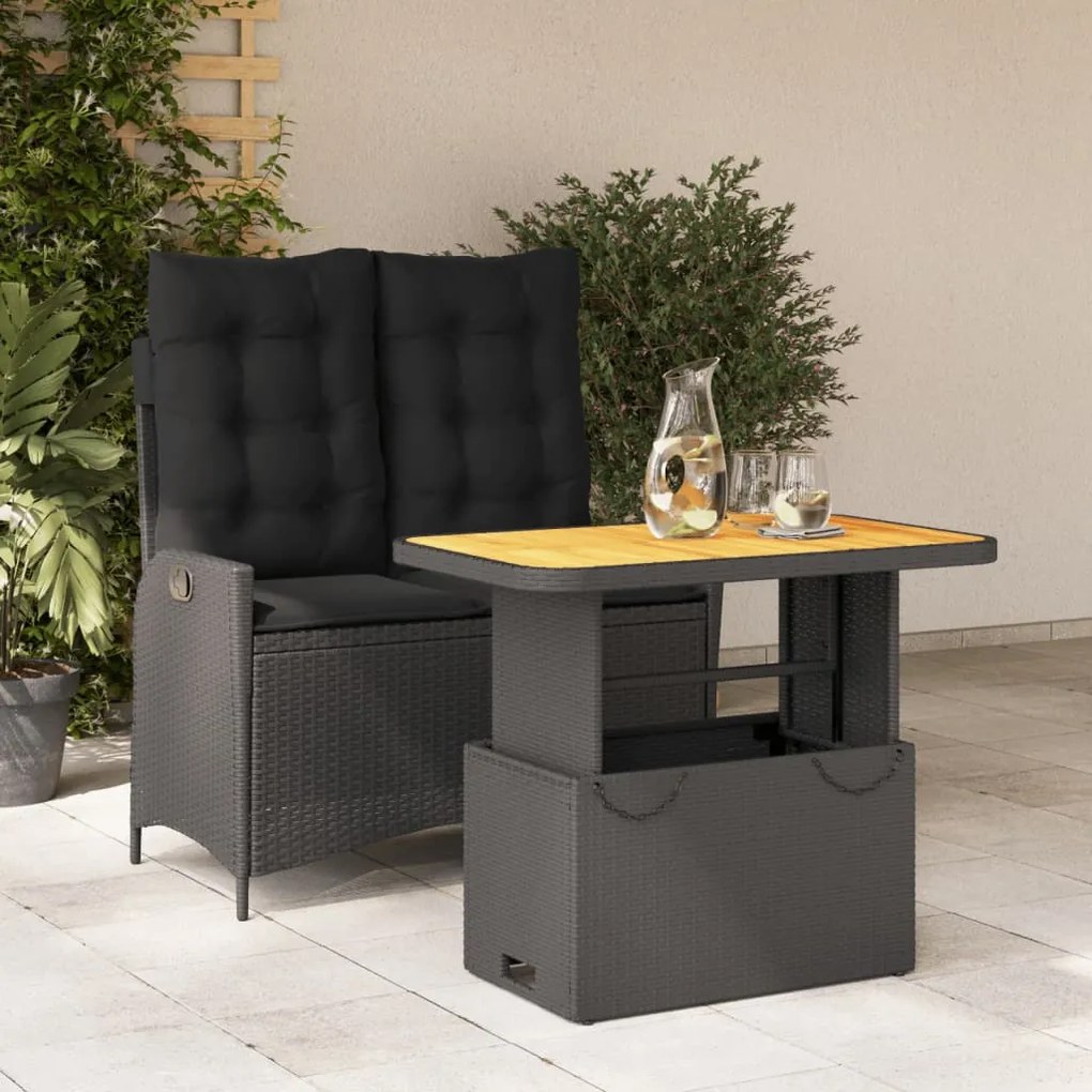 Set da pranzo da giardino 2 pz con cuscini nero in polyrattan