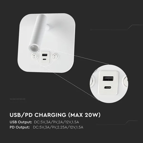 Spot da parete LED con porta USB, 8W, 230V, 3000K, bianco