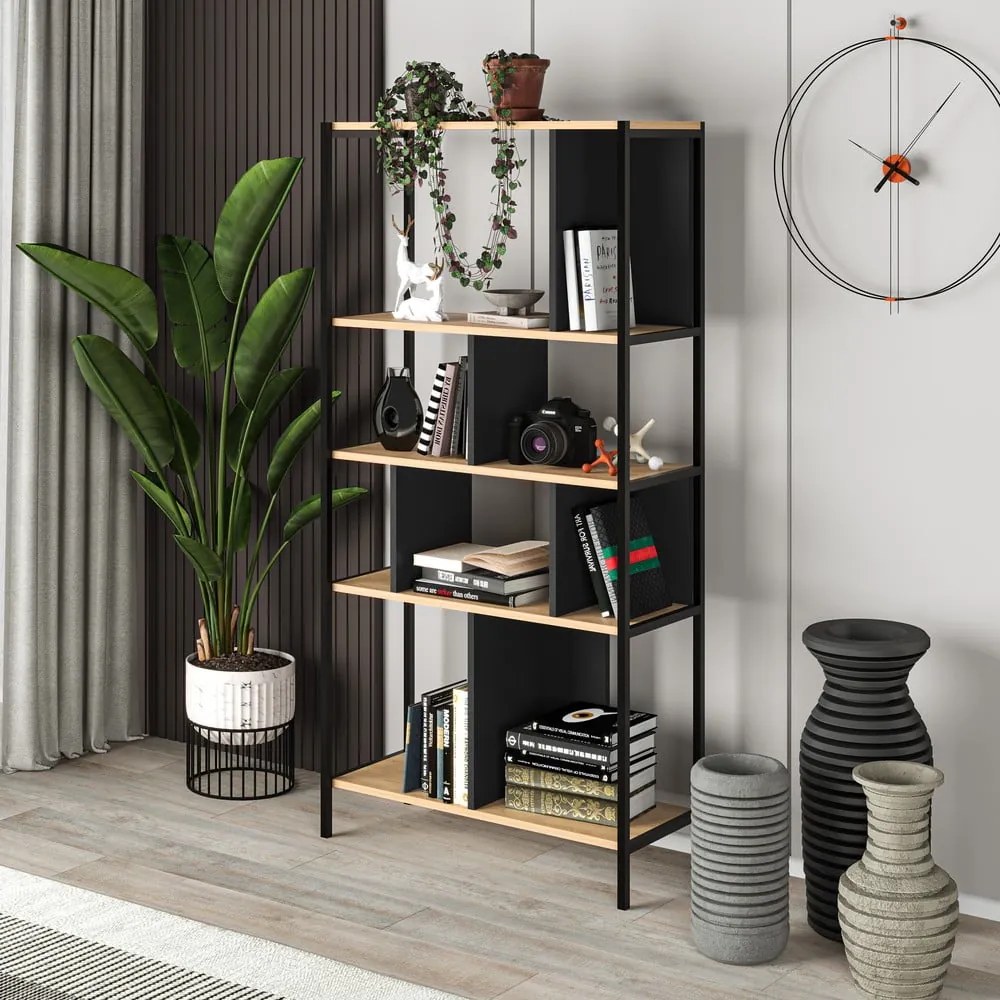 Libreria in rovere decorata in nero e naturale 88x175 cm Alabama - Marckeric