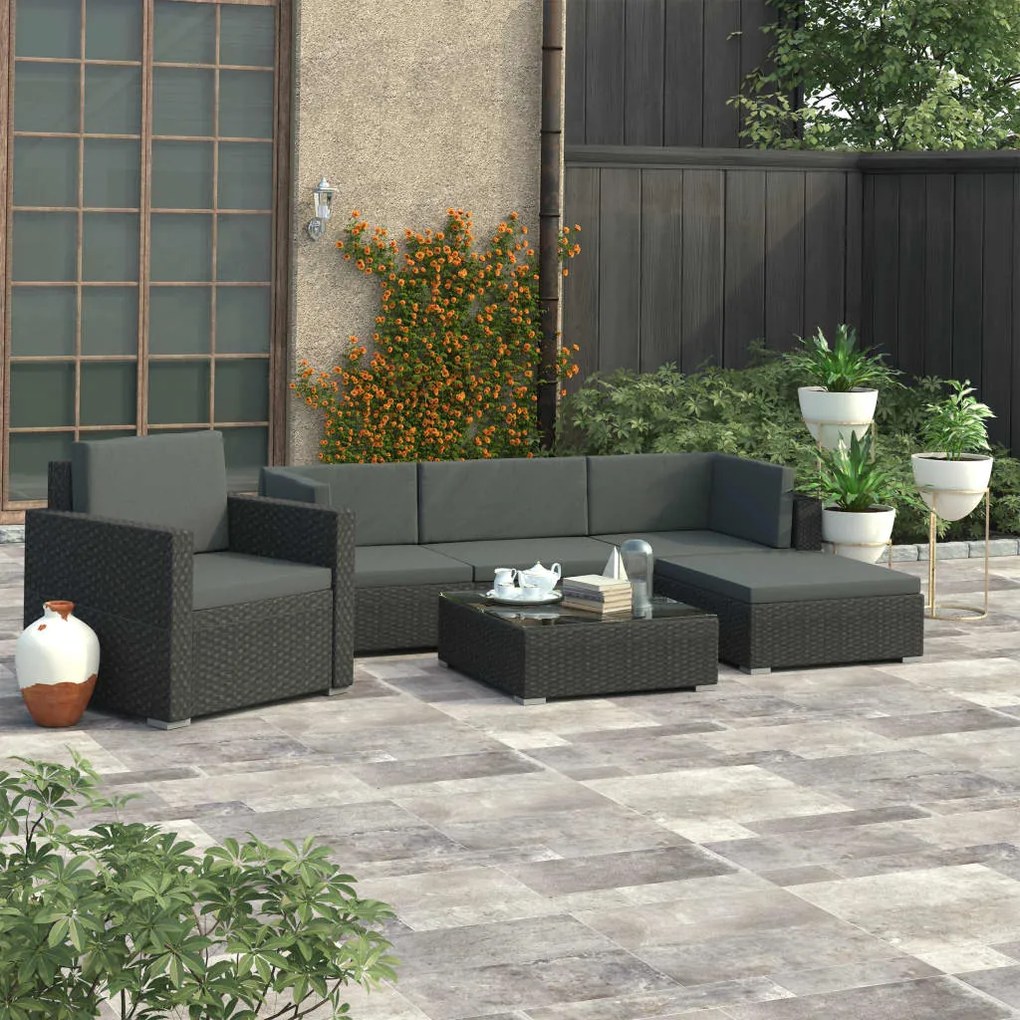 Set divani da giardino 6 pz con cuscini in polyrattan nero