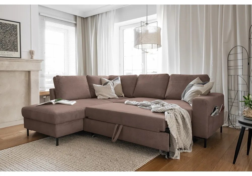 Divano letto in velluto a coste marrone (angolo sinistro) Lofty Lilly - Miuform