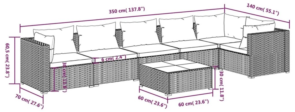 Set Divani da Giardino 7 pz con Cuscini in Polyrattan Grigio