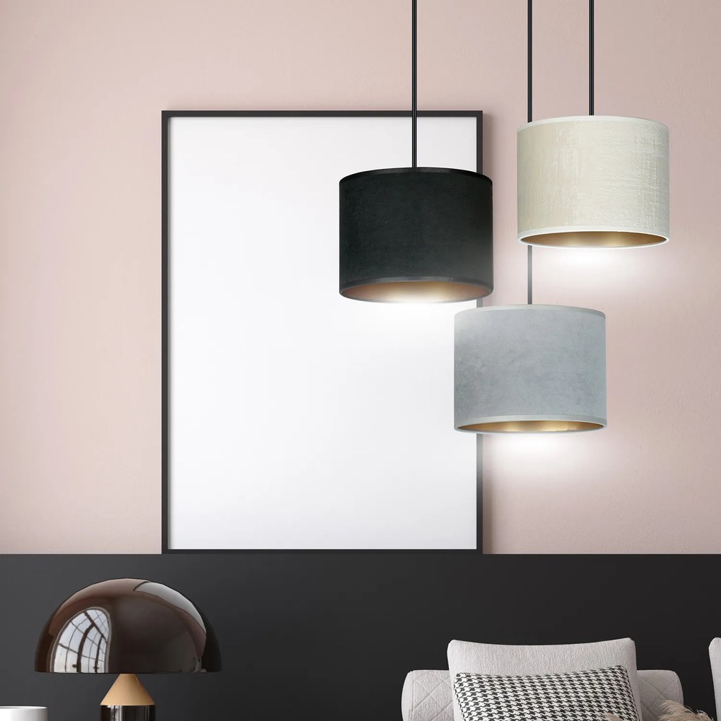Lampadario Tondo 3 Luci Ganesha In Acciaio Nero E Paralumi In Tessuto Multicolore