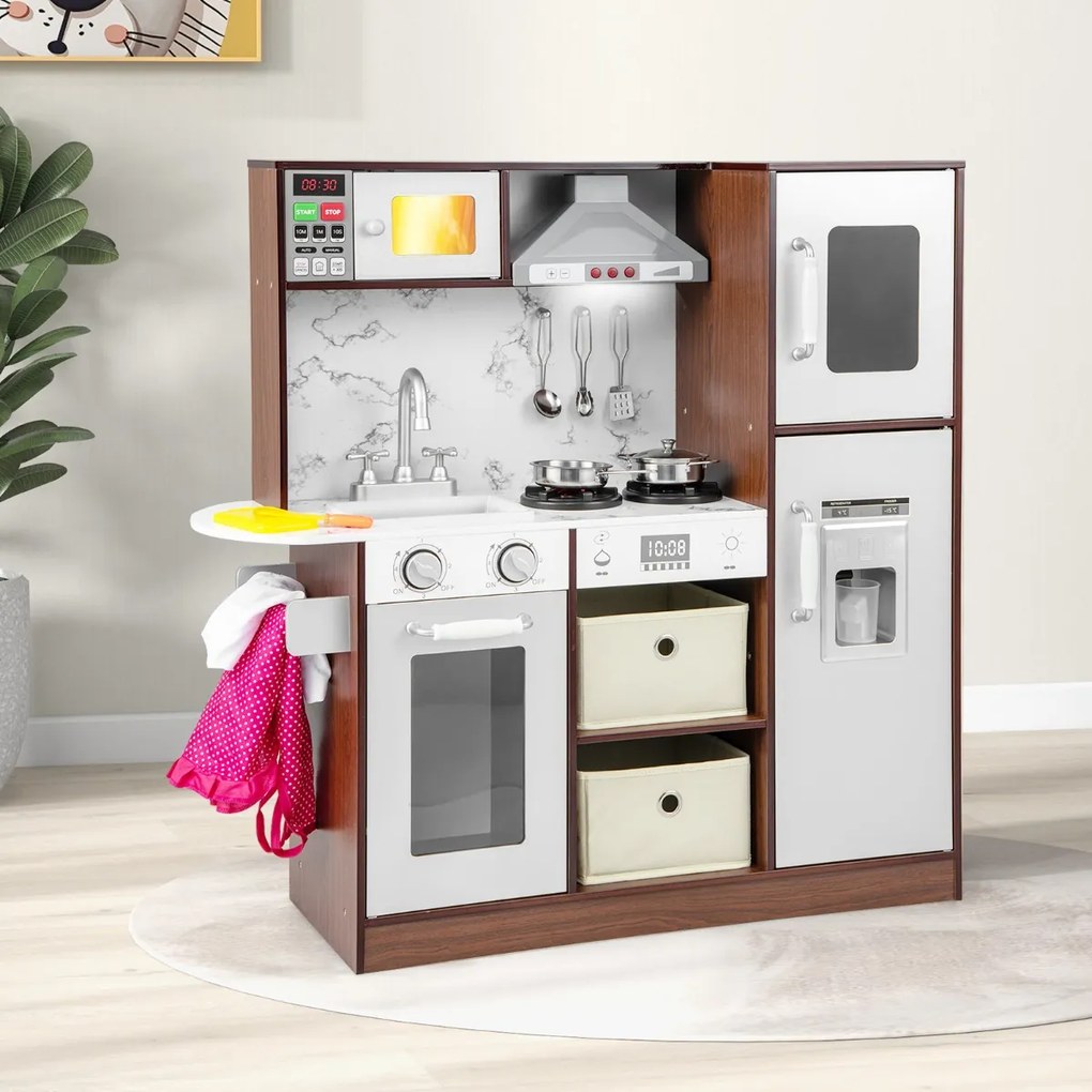 Costway Set di cucina giocattolo per bambini con luci e suoni accattivanti e forno a microonde, Set di cucina Caffè