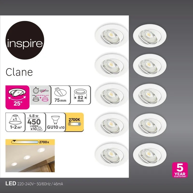 Set da 10 pezzi Faretto da incasso LED Clane caldo tondo bianco, orientabile foro incasso 82 cm luce bianco