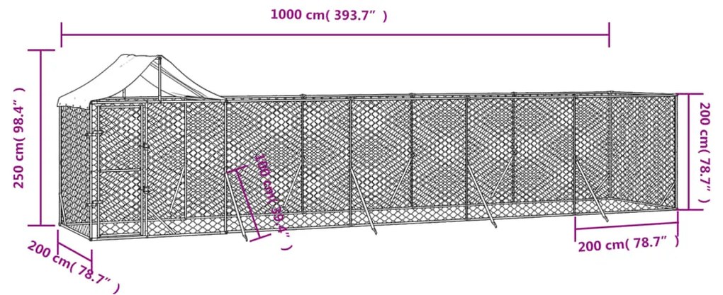 Cuccia cani da esterno tetto argento 10x2x2,5 m acciaio zincato