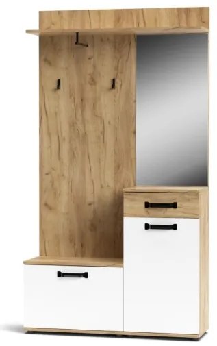 Mobile Da Ingresso 104x32x190 Con Ante E Specchio Bianco E Rovere Mosso MO6