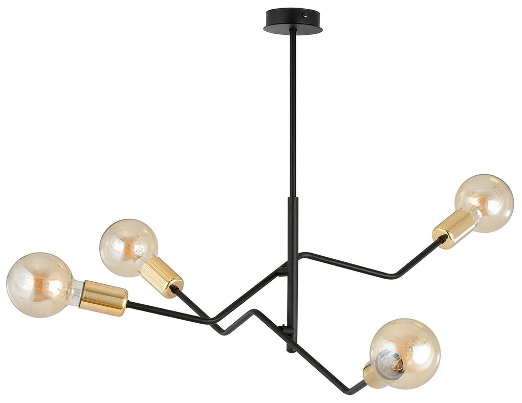 Sospensione Industrial 4 Luci Temi In Acciaio Nero E Oro Bracci Regolabili