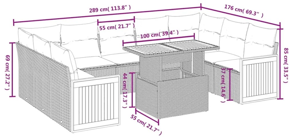 Set divano da giardino 10 pz con cuscini beige in polyrattan