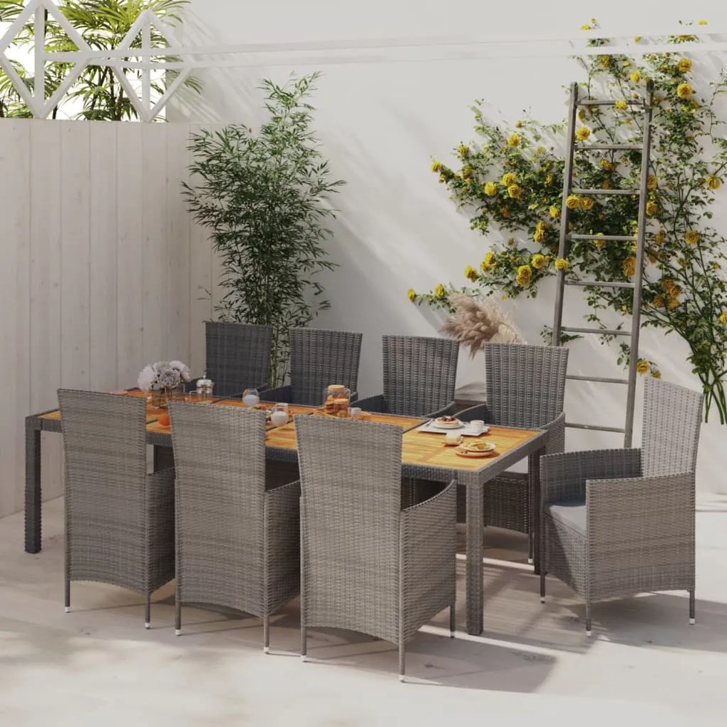 Set da pranzo da esterno 9 pz con cuscini in polyrattan grigio