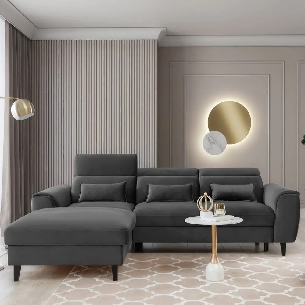 Divano angolare grigio scuro allungabile/con contenitore (con penisola a sinistra/con chaise lounge) e rivestimento in velluto Foble – ELTAP