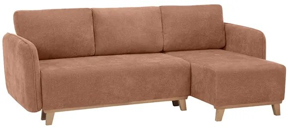 Divano letto angolare reversibile 3-4 posti in tessuto effetto velluto color terracotta e legno chiaro ROMANE